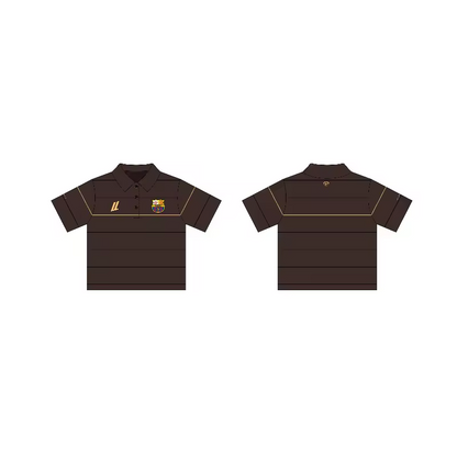 Front and back tech mockup of the Mocha brown earth-tone striped oversized heritage polo featuring the FCUL embroidered crest