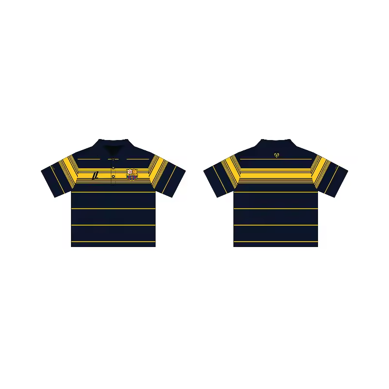 Front and back tech mockup of the Navy and Yellow striped oversized terrace polo featuring high-density FCUL crest embroidery and signature LL branding.