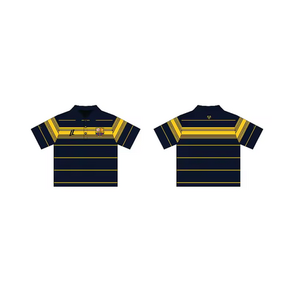 Front and back tech mockup of the Navy and Yellow striped oversized terrace polo featuring high-density FCUL crest embroidery and signature LL branding.