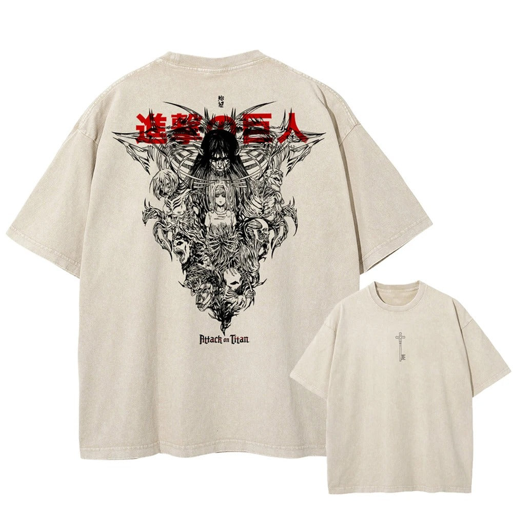 Front and back view of 240 GSM vintage sand tee. Front features basement key, back features Titan collage with red kanji.