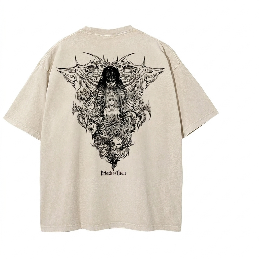 Back view of vintage sand tee featuring intricate Founding Titan and shifter collage graphic.