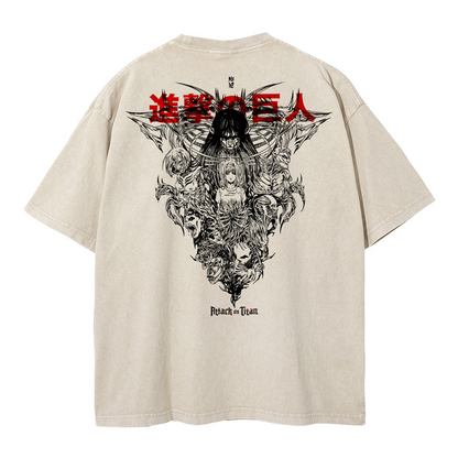 Back view of vintage sand tee featuring Founding Titan collage and red Attack on Titan kanji