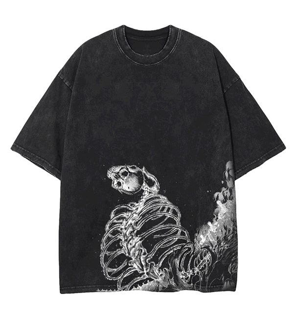 Front view of oversized 240 GSM vintage black acid wash t-shirt featuring the lower torso wrap-around graphic of the Attack on Titan Founding Titan skeleton and steam