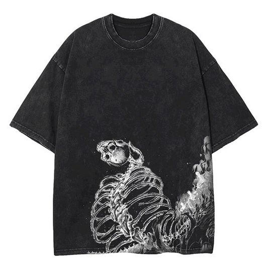 Front view of oversized 240 GSM vintage black acid wash t-shirt featuring the lower torso wrap-around graphic of the Attack on Titan Founding Titan skeleton and steam