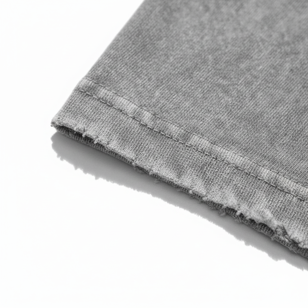 Close up of frayed distressed sleeve edge on a vintage wash oversized streetwear t-shirt