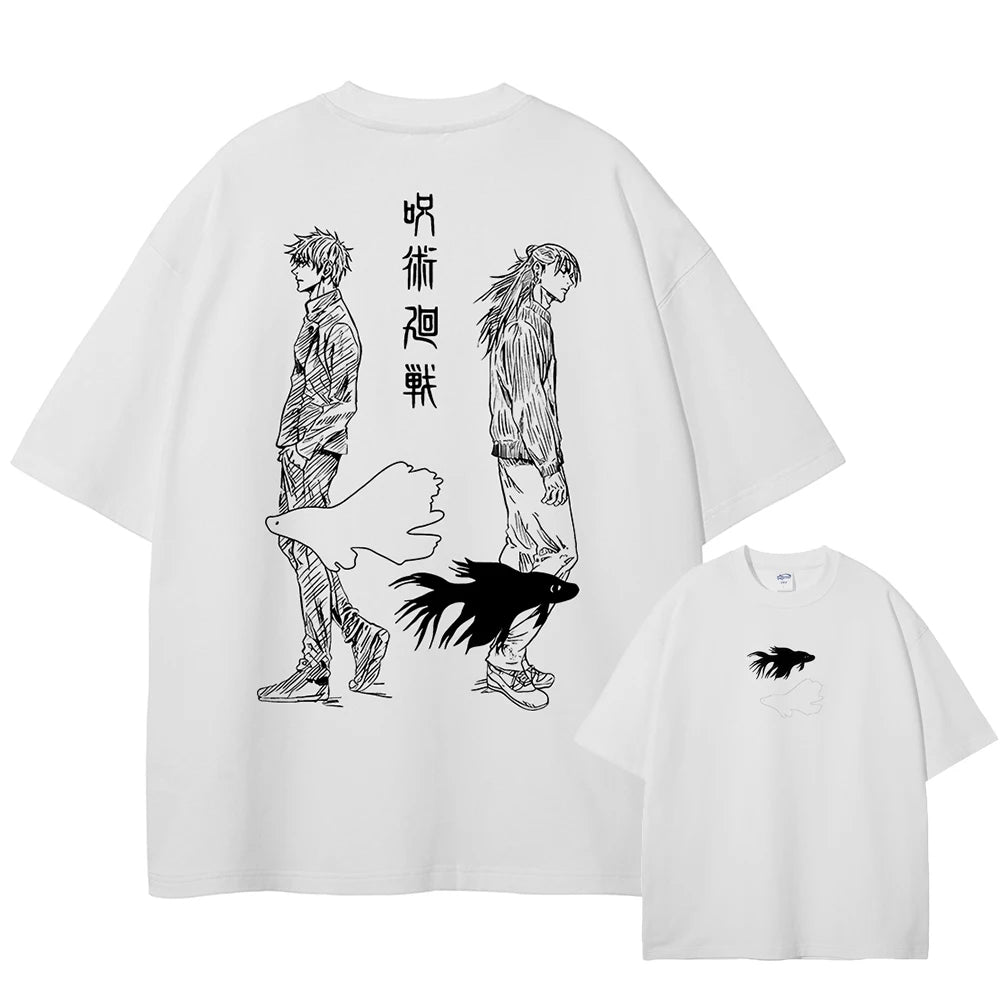 Front and back view of oversized 240 GSM optic white streetwear tee. Front features a minimalist black and white betta fish graphic. Back features a sketch-style graphic of Satoru Gojo and Suguru Geto walking apart with Japanese kanji.