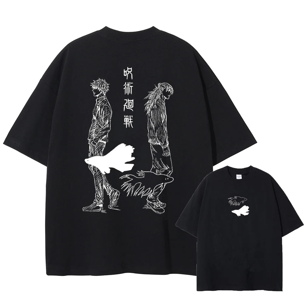 Front and back view of oversized 240 GSM standard black streetwear tee. Front features a minimalist black and white betta fish graphic. Back features a sketch-style graphic of Satoru Gojo and Suguru Geto walking apart with Japanese kanji.