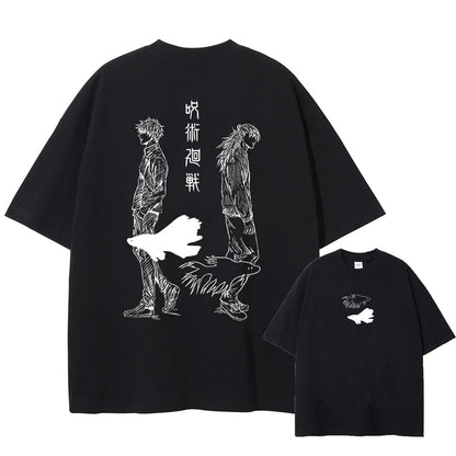 Front and back view of oversized 240 GSM standard black streetwear tee. Front features a minimalist black and white betta fish graphic. Back features a sketch-style graphic of Satoru Gojo and Suguru Geto walking apart with Japanese kanji.