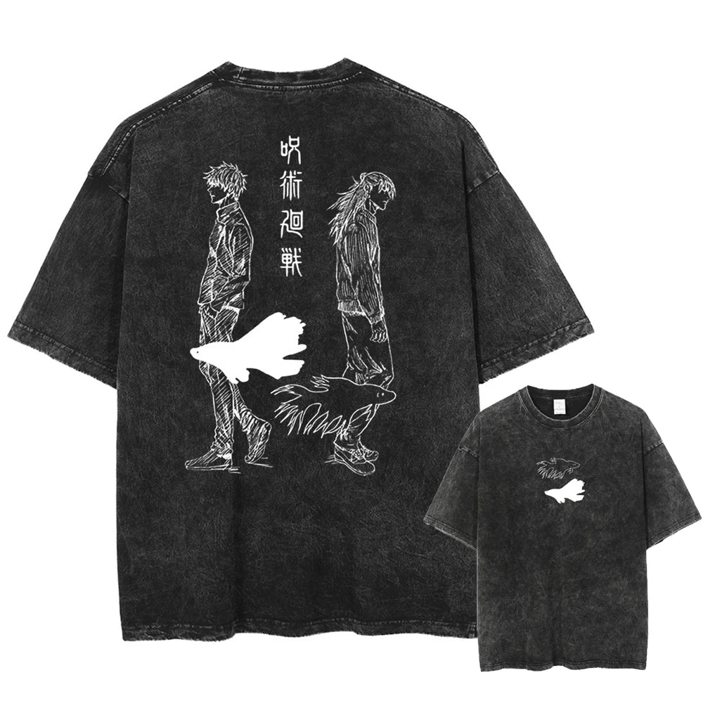 Front and back view of oversized 240 GSM vintage black acid wash streetwear tee. Front features a minimalist black and white betta fish graphic. Back features a sketch-style graphic of Satoru Gojo and Suguru Geto walking apart with Japanese kanji.