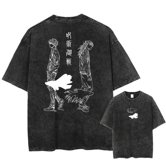 Front and back view of oversized 240 GSM vintage black acid wash streetwear tee. Front features a minimalist black and white betta fish graphic. Back features a sketch-style graphic of Satoru Gojo and Suguru Geto walking apart with Japanese kanji.
