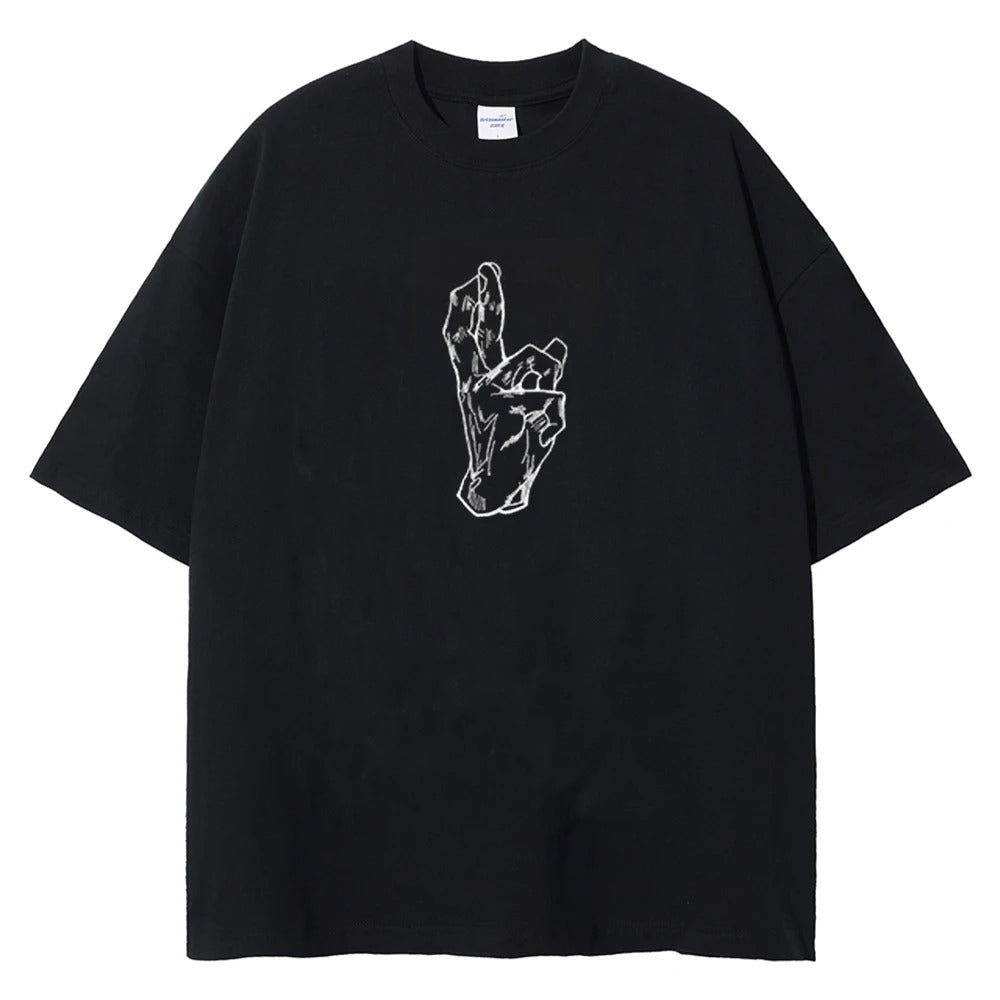 Front view of oversized 240 GSM standard black streetwear tee featuring a minimalist white graphic of Satoru Gojo's Infinite Void Domain Expansion hand sign
