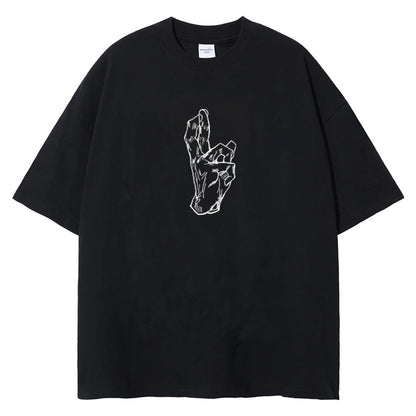 Front view of oversized 240 GSM standard black streetwear tee featuring a minimalist white graphic of Satoru Gojo's Infinite Void Domain Expansion hand sign