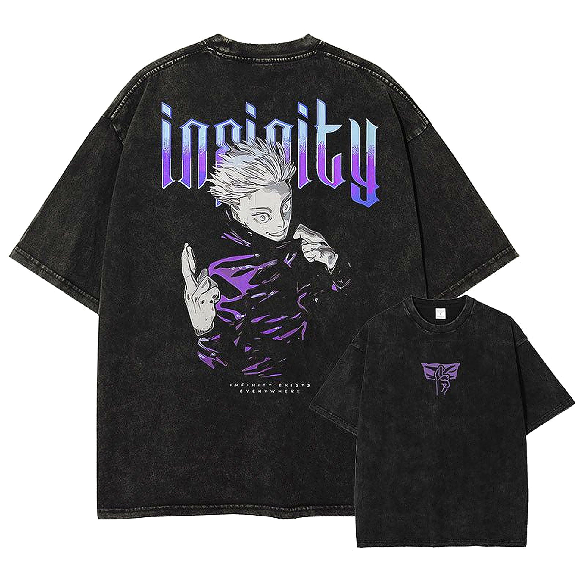 Front and back view of oversized 240 GSM vintage black acid wash tee. Front features a minimalist purple Domain Expansion hand sign logo. Back features Satoru Gojo pulling down his blindfold with a massive purple-to-blue gradient 'infinity' gothic text graphic.
