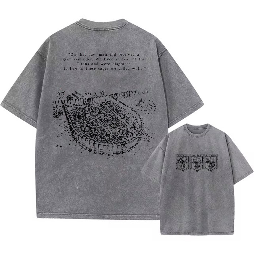 Front and back view of 240 GSM vintage grey acid wash tee. Front features Wall Sina, Rose, and Maria skull crests. Back features Attack on Titan walled city sketch and "grim reminder" quote.