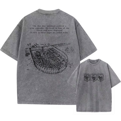 Front and back view of 240 GSM vintage grey acid wash tee. Front features Wall Sina, Rose, and Maria skull crests. Back features Attack on Titan walled city sketch and "grim reminder" quote.