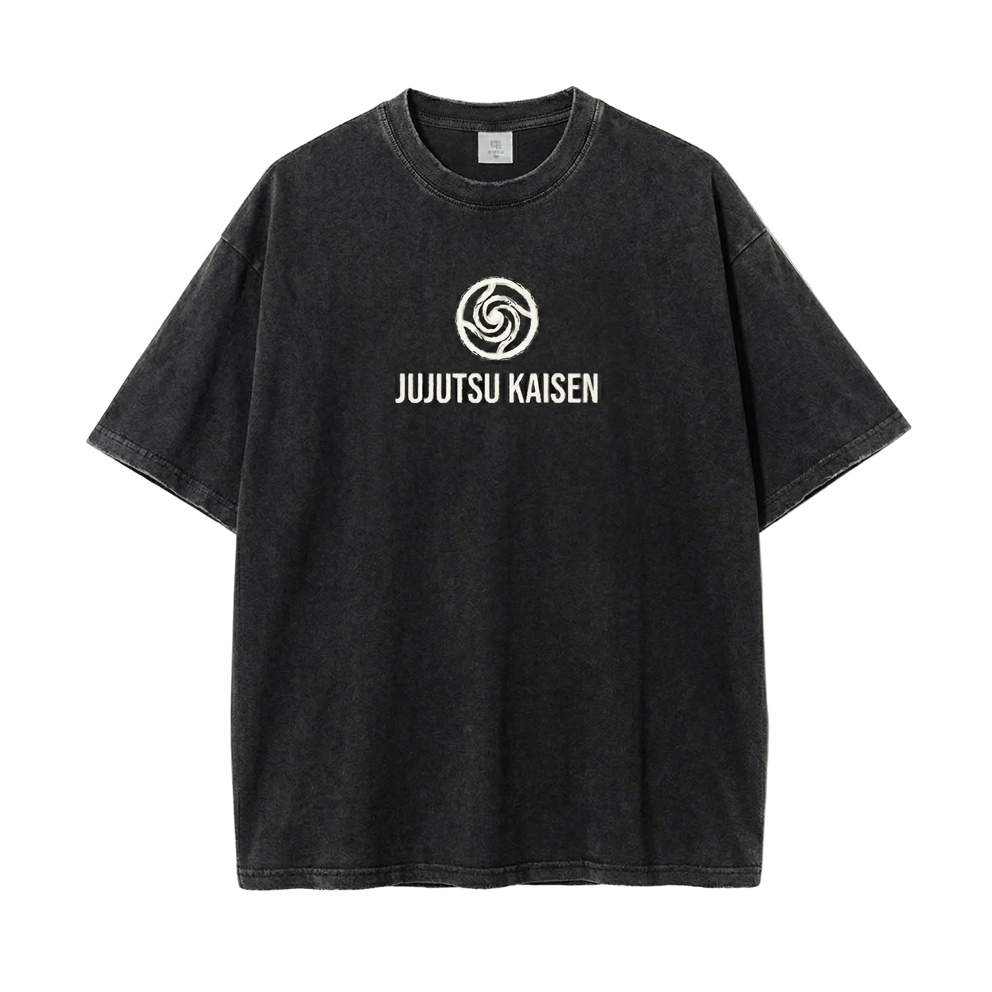 Front view of oversized 240 GSM vintage black acid wash streetwear t-shirt featuring a minimalist white Jujutsu Kaisen swirl logo on the center chest.