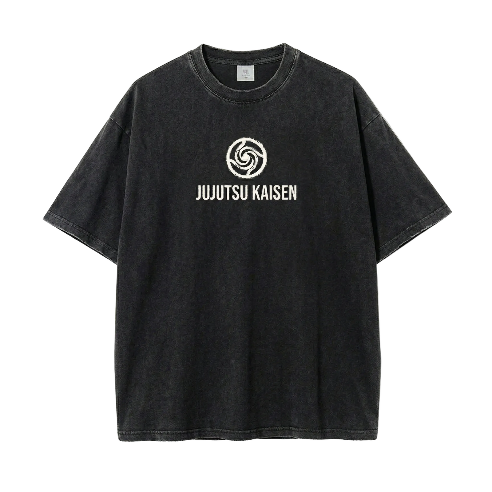 Front view of oversized 240 GSM vintage black acid wash streetwear t-shirt featuring a minimalist white Jujutsu Kaisen swirl logo on the center chest.
