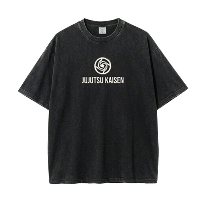 Front view of oversized 240 GSM vintage black acid wash streetwear t-shirt featuring a minimalist white Jujutsu Kaisen swirl logo on the center chest.