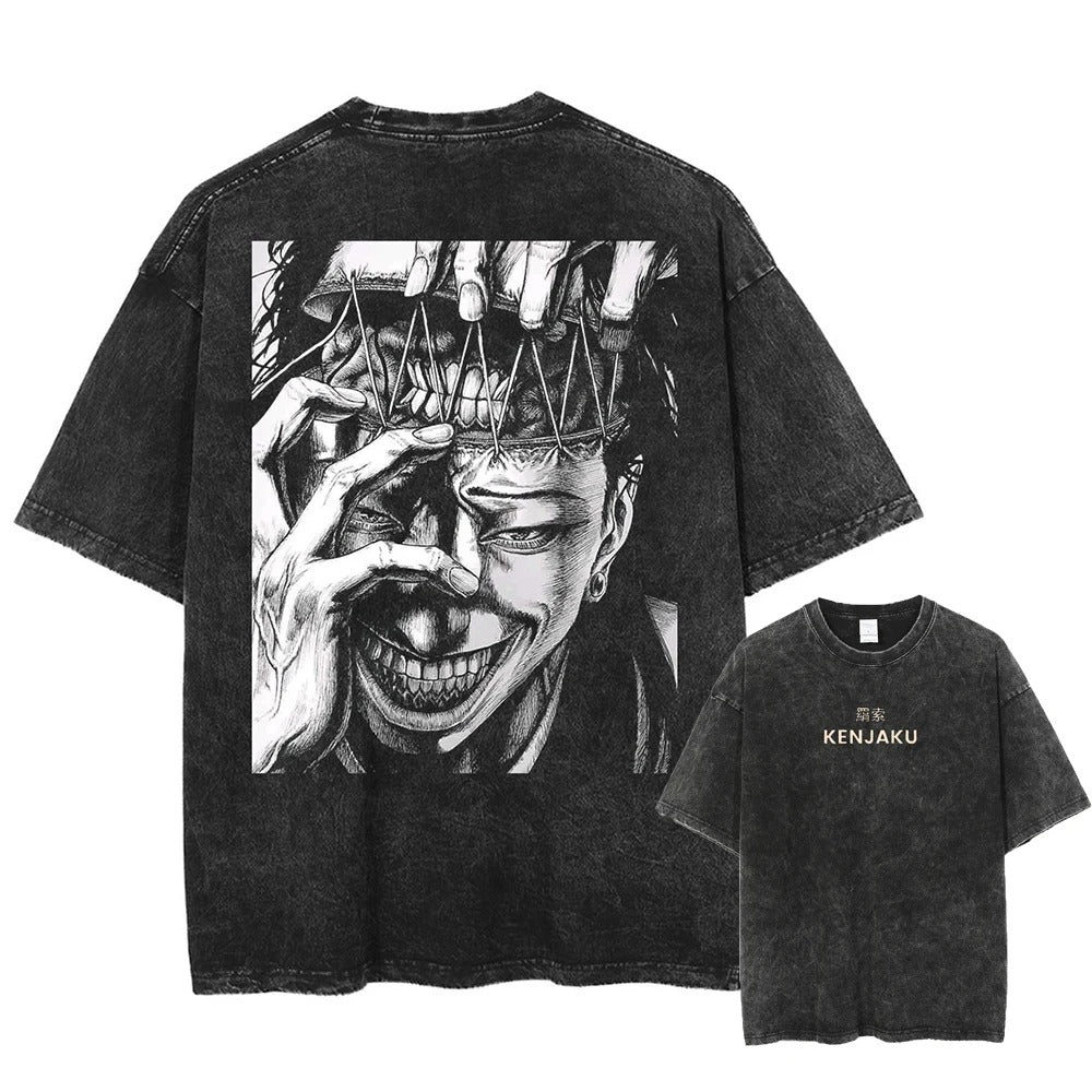 Front and back view of oversized 240 GSM vintage black acid wash streetwear tee. Front features clean minimalist Kenjaku typography and kanji. Back features a massive, high-contrast manga panel graphic of Kenjaku revealing his brain.
