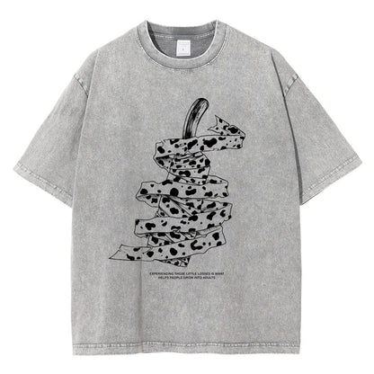 Front view of oversized 240 GSM vintage grey acid wash streetwear tee featuring a detailed graphic of Kento Nanami's wrapped blunt sword and his iconic quote from Jujutsu Kaisen