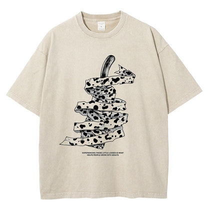 Front view of oversized 240 GSM vintage mocha brown acid wash streetwear tee featuring a detailed graphic of Kento Nanami's wrapped blunt sword and his iconic quote from Jujutsu Kaisen