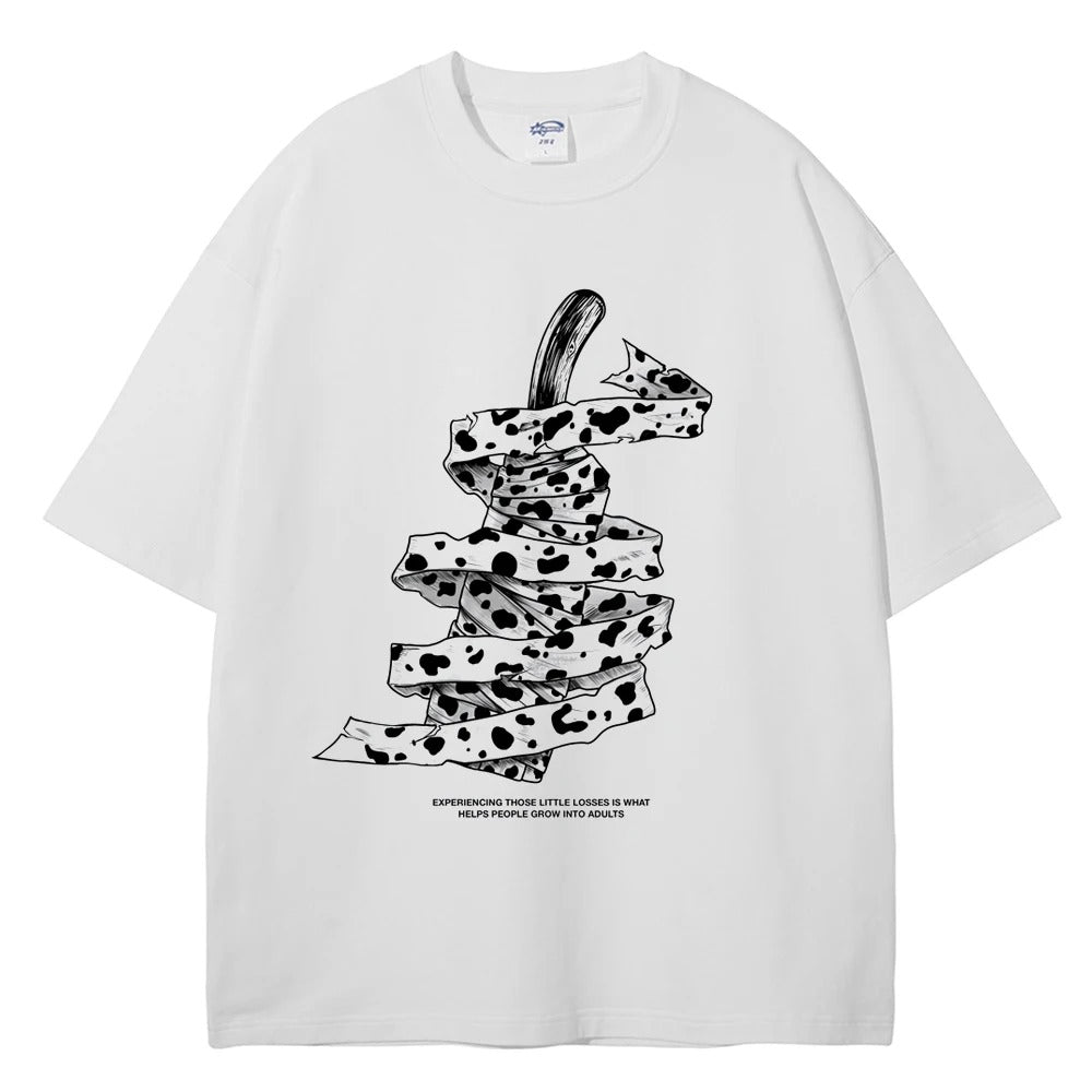 Front view of oversized 240 GSM white streetwear tee featuring a detailed graphic of Kento Nanami's wrapped blunt sword and his iconic quote from Jujutsu Kaisen