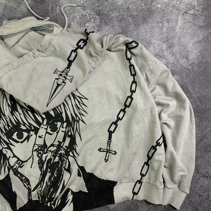 Close-up of the Kurapika judgment blade and chain graphic printed directly onto the hood of a SkaiiyPrints pullover.