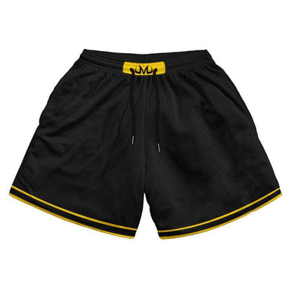 These black shorts with yellow accents and an "M" logo could be inspired by Majin Buu from Dragon Ball, similar to the previous pair of pink shorts. However, there's also a chance they could be associated with a different character or franchise altogether.