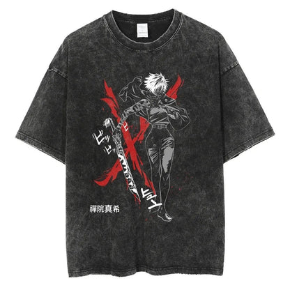 Front view of oversized 240 GSM vintage black acid wash streetwear tee featuring Maki Zenin holding a cursed tool against a massive red blood slash background with Japanese kanji.