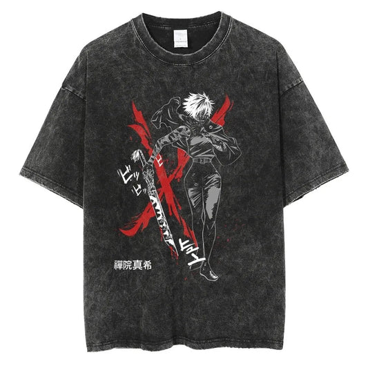 Front view of oversized 240 GSM vintage black acid wash streetwear tee featuring Maki Zenin holding a cursed tool against a massive red blood slash background with Japanese kanji.
