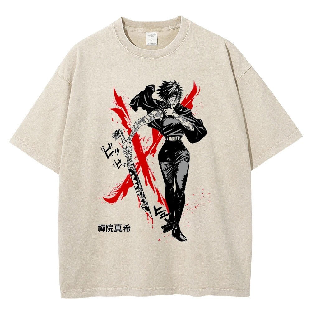 Front view of oversized 240 GSM vintage cream sand acid wash streetwear tee featuring Maki Zenin holding a cursed tool against a massive red blood slash background with Japanese kanji