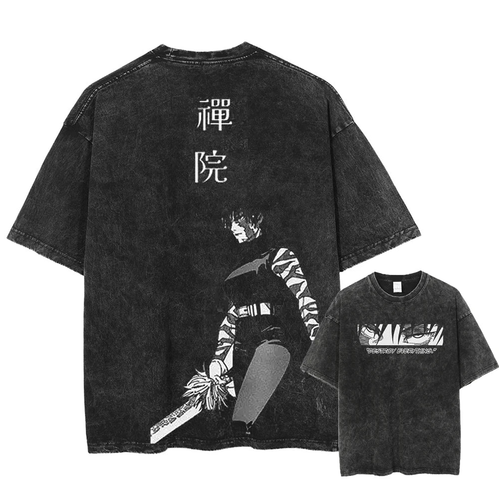Front and back view of oversized 240 GSM vintage black acid wash streetwear tee. Front features a manga eye panel with 'DESTROY EVERYTHING' typography. Back features fully awakened Maki Zenin holding the Split Soul Katana with Japanese kanji
