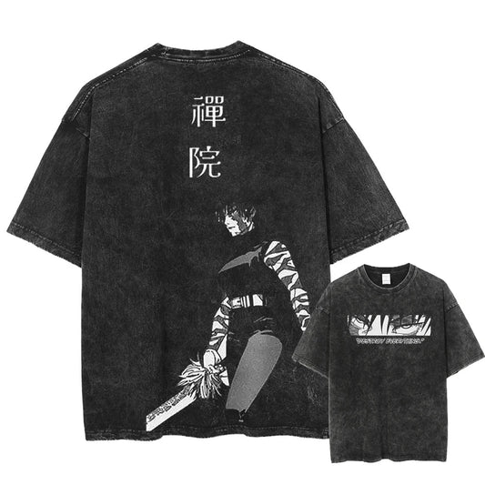 Front and back view of oversized 240 GSM vintage black acid wash streetwear tee. Front features a manga eye panel with 'DESTROY EVERYTHING' typography. Back features fully awakened Maki Zenin holding the Split Soul Katana with Japanese kanji