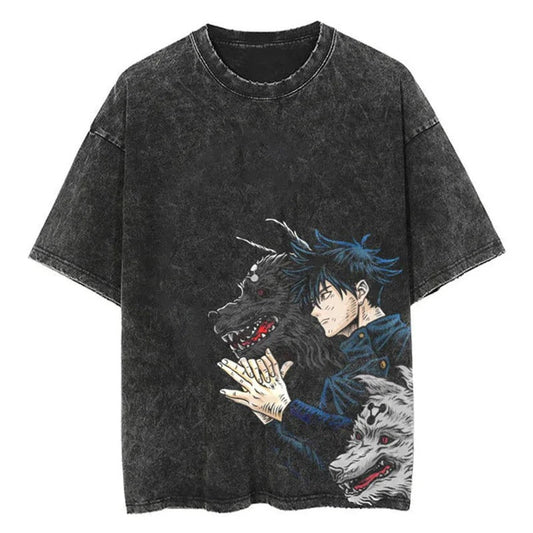Front view of oversized 240 GSM vintage black acid wash streetwear tee featuring an asymmetrical lower-torso graphic of Megumi Fushiguro summoning his black and white Divine Dogs