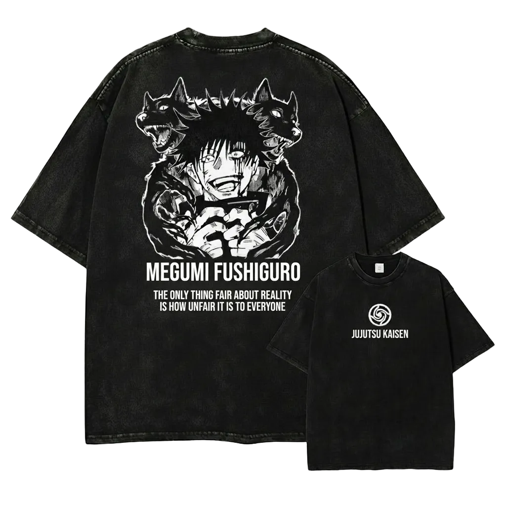 Front and back view of oversized 240 GSM vintage black acid wash tee. Front features minimalist Jujutsu Kaisen logo. Back features Megumi Fushiguro laughing with Divine Dogs and unfair reality quote