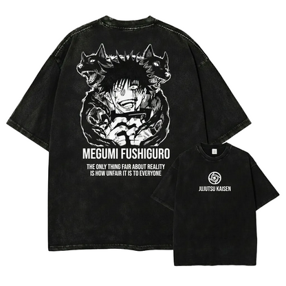 Front and back view of oversized 240 GSM vintage black acid wash tee. Front features minimalist Jujutsu Kaisen logo. Back features Megumi Fushiguro laughing with Divine Dogs and unfair reality quote