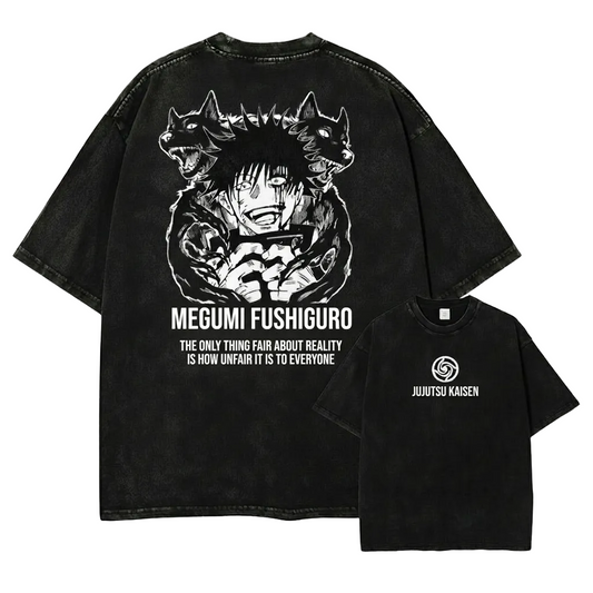 Front and back view of oversized 240 GSM vintage black acid wash tee. Front features minimalist Jujutsu Kaisen logo. Back features Megumi Fushiguro laughing with Divine Dogs and unfair reality quote
