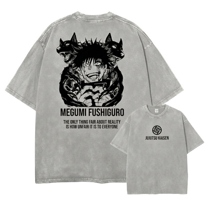 Front and back view of oversized 240 GSM vintage grey acid wash tee. Front features minimalist Jujutsu Kaisen logo. Back features Megumi Fushiguro laughing with Divine Dogs and unfair reality quote.