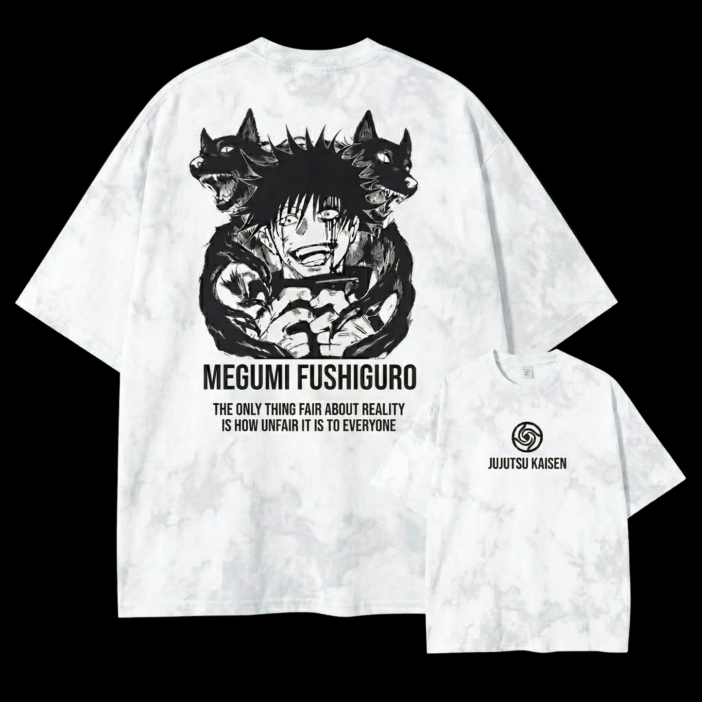 Front and back view of oversized 240 GSM vintage white acid wash tee. Front features minimalist Jujutsu Kaisen logo. Back features Megumi Fushiguro laughing with Divine Dogs and unfair reality quote