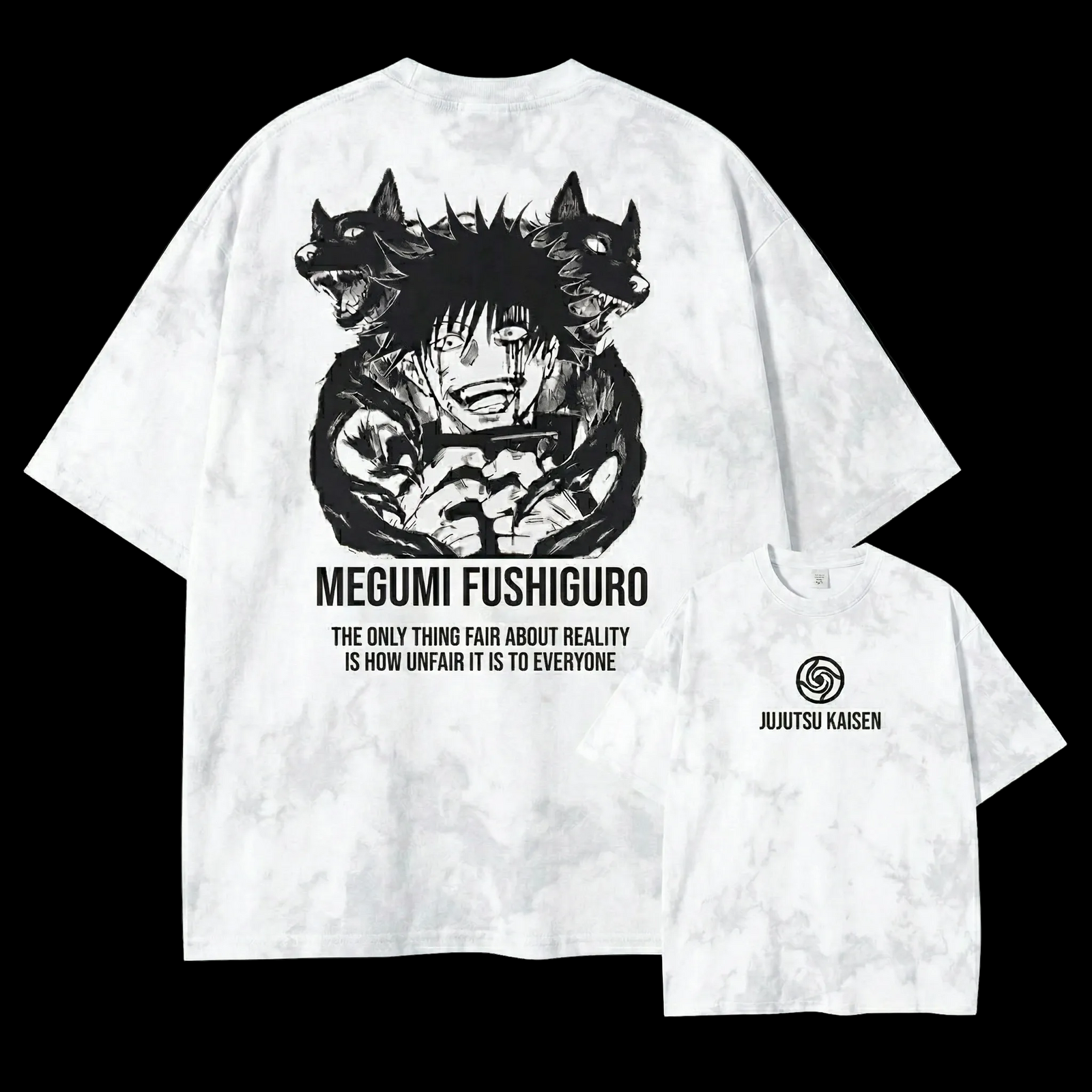 Front and back view of oversized 240 GSM vintage white acid wash tee. Front features minimalist Jujutsu Kaisen logo. Back features Megumi Fushiguro laughing with Divine Dogs and unfair reality quote