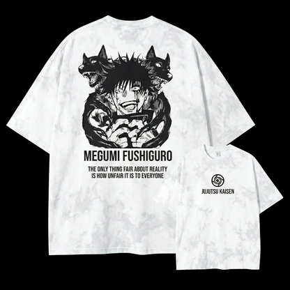 Front and back view of oversized 240 GSM vintage white acid wash tee. Front features minimalist Jujutsu Kaisen logo. Back features Megumi Fushiguro laughing with Divine Dogs and unfair reality quote