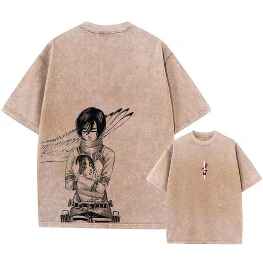 Front and back view of 240 GSM vintage khaki acid wash t-shirt. Front features minimalist sword and red scarf. Back features Attack on Titan Mikasa holding Eren's head.
