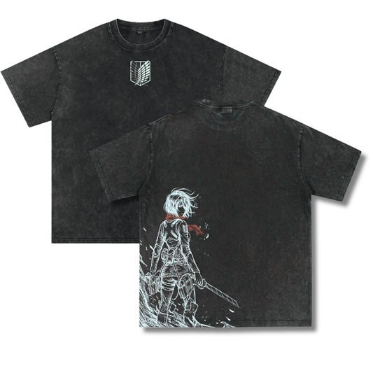 Front and back view of 240 GSM vintage black acid wash tee. Front features Survey Corps logo. Back features asymmetrical Mikasa Ackerman graphic.