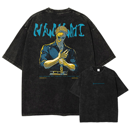 Front and back view of oversized 240 GSM vintage black acid wash tee. Front features a minimalist blue 7:3 ratio cursed technique line. Back features Nanami Kento preparing for battle with bold blue distorted typography and yellow shadow accents