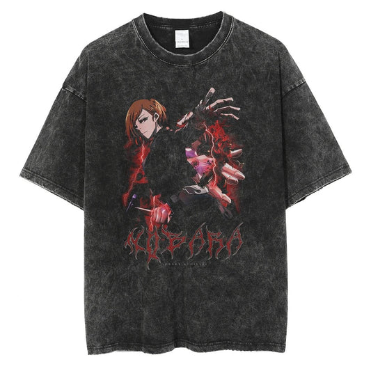 Front view of oversized 240 GSM vintage black acid wash streetwear tee featuring a high-contrast graphic of Nobara Kugisaki from Jujutsu Kaisen using her Straw Doll technique with red cursed energy and gothic heavy metal typography.