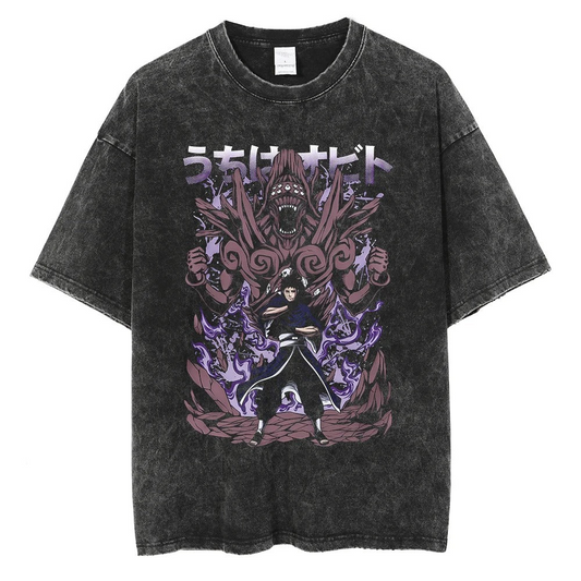 A black t-shirt with a distressed print of Obito Uchiha from Naruto. He is depicted with the Ten-Tails behind him, and the Japanese text "Obito" is written above.