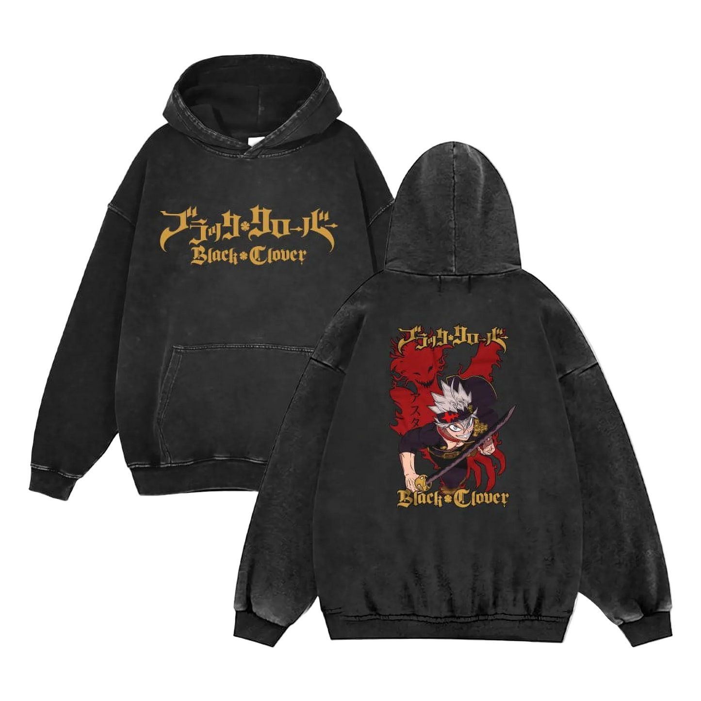 Black Clover „Asta Demon Gold“ Acid Wash Kapuzenpullover
