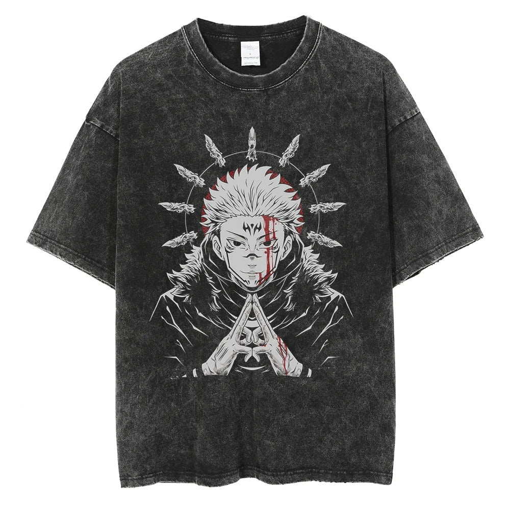 Detailed view of the Advanced DTG graphic on a 240 GSM vintage black acid wash tee, showing a bloodied Ryomen Sukuna with a halo of cursed fingers.