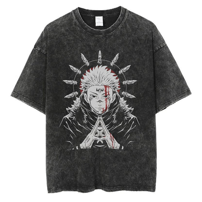 Detailed view of the Advanced DTG graphic on a 240 GSM vintage black acid wash tee, showing a bloodied Ryomen Sukuna with a halo of cursed fingers.