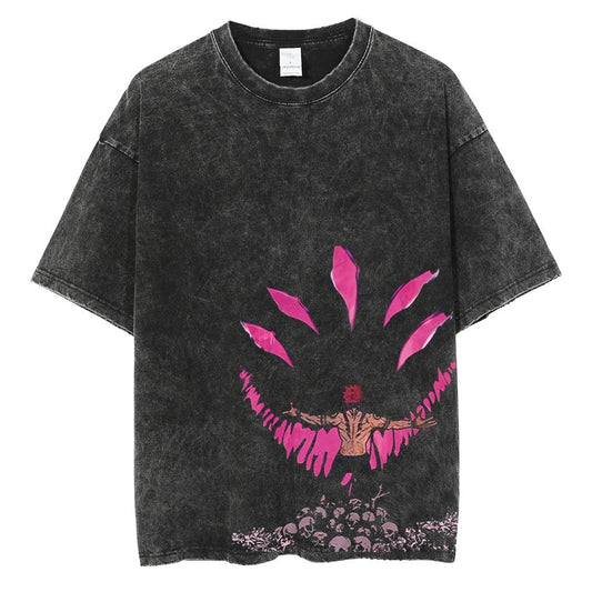 Front view of oversized 240 GSM vintage black acid wash streetwear tee featuring a vibrant pink asymmetrical lower-torso graphic of Ryomen Sukuna standing on a mountain of skulls
